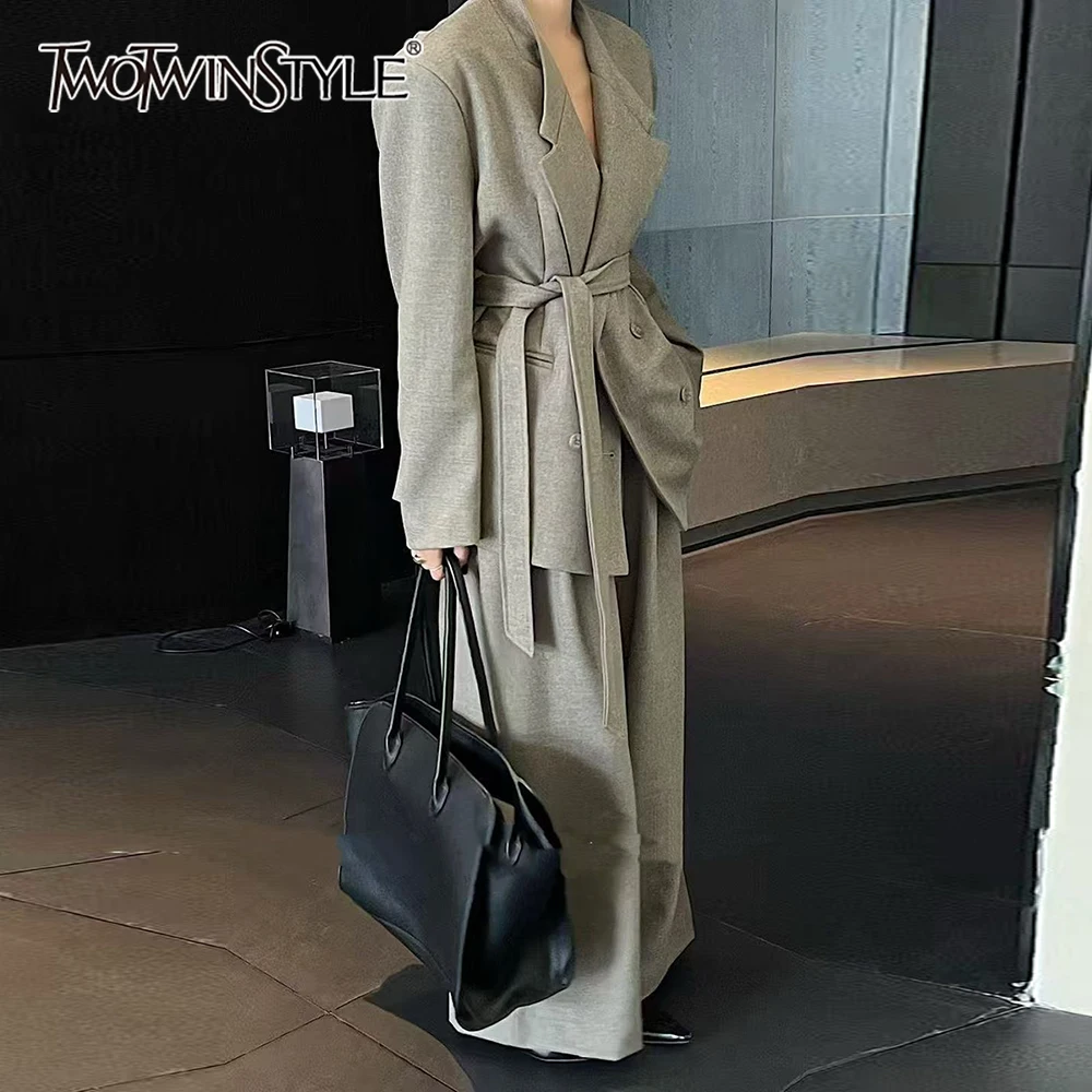 

TWOTWINSTYLE Solid Spliced Bandage Two Piece Set Female Lapel Long Sleeve Jacket Temperament Women's Trousers Set Fashion New