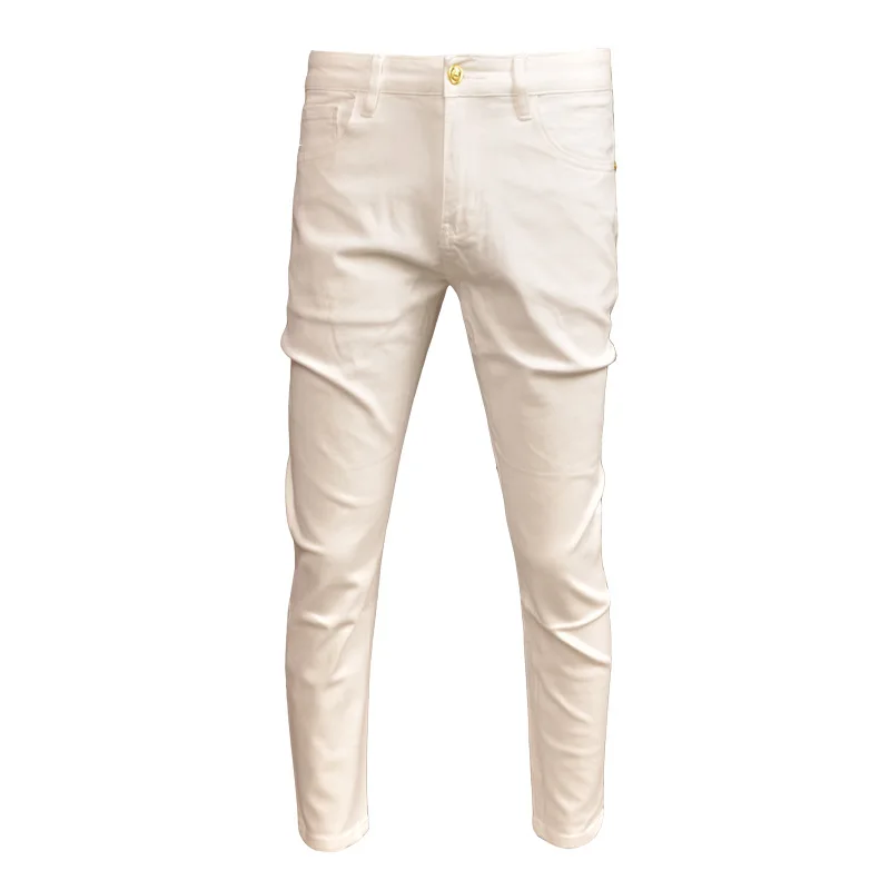 Pantalones vaqueros recortados blancos para hombre, pantalones elásticos, ajustados, lavados, informales, estampados, a la moda, para oficina