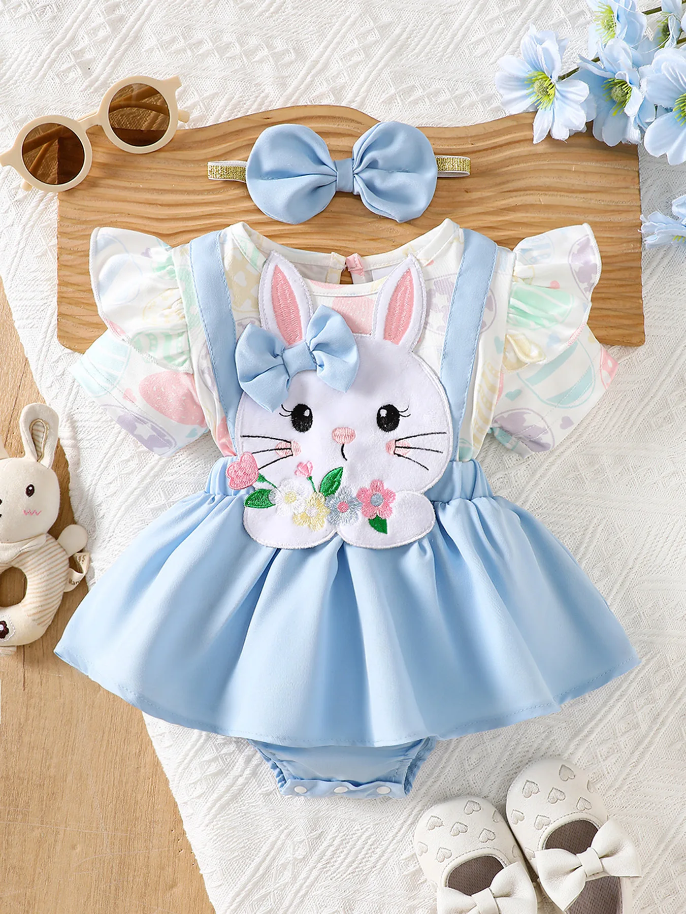 Baby Girl Cute Bunny Two-Piece Dress with a Fresh Blue Color, Egg-Colored All-Over Print, Fluffy Princess Skirt, Easter Daily Cute Outfit