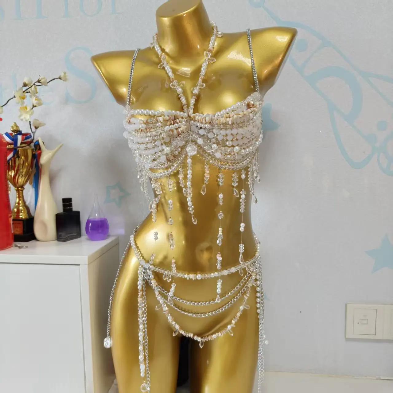 Handmade Fashion BeadedBra Women's Top Small Tank Top Body Chain Chest Chain Hanging Neck Hollow Beaded Body Chain Set