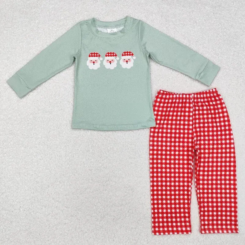 10.8Y  Long Sleeve Top and Red and White Plaid Pants Set Baby Boys Clothing Wholesale Boutique Santa Claus Green