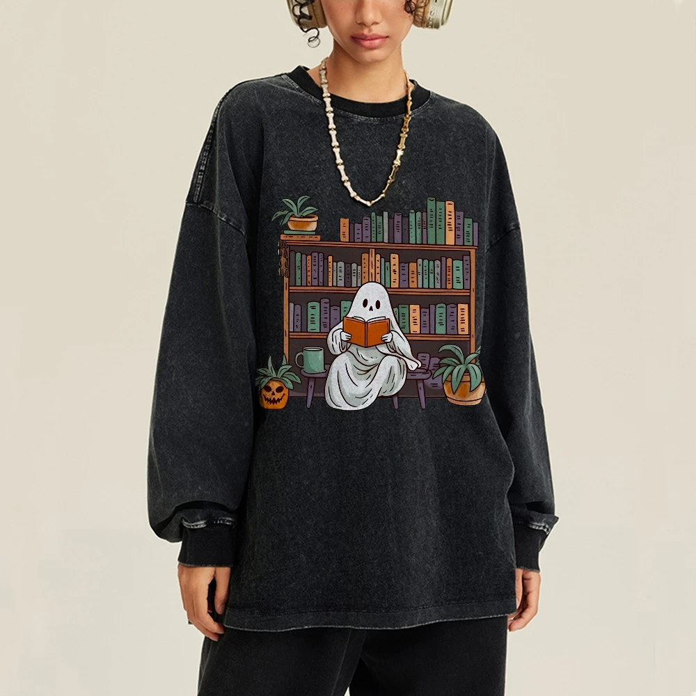 

Librarian Ghost Hallowee Printed Sweatshirt Unisex Halloween Pumpkin Pullover Casual Washed Long Sleeve Women's Fall Clothes