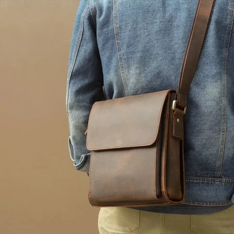 

Винтажная мужская сумка-мессенджер из натуральной кожи Crazy Horse, наплечная сумка через плечо, высококачественная дорожная сумка для телефона, повседневная сумка-тоут