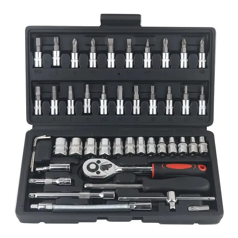 46 Piece Hand Tool Set 1/4in Drive Socket Ratchet Wrench Set General Household Hand Kit with Plastic Toolbox Storage Case