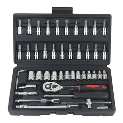 46 Piece Hand Tool Set 1/4in Drive Socket Ratchet Wrench Set General Household Hand Kit with Plastic Toolbox Storage Case