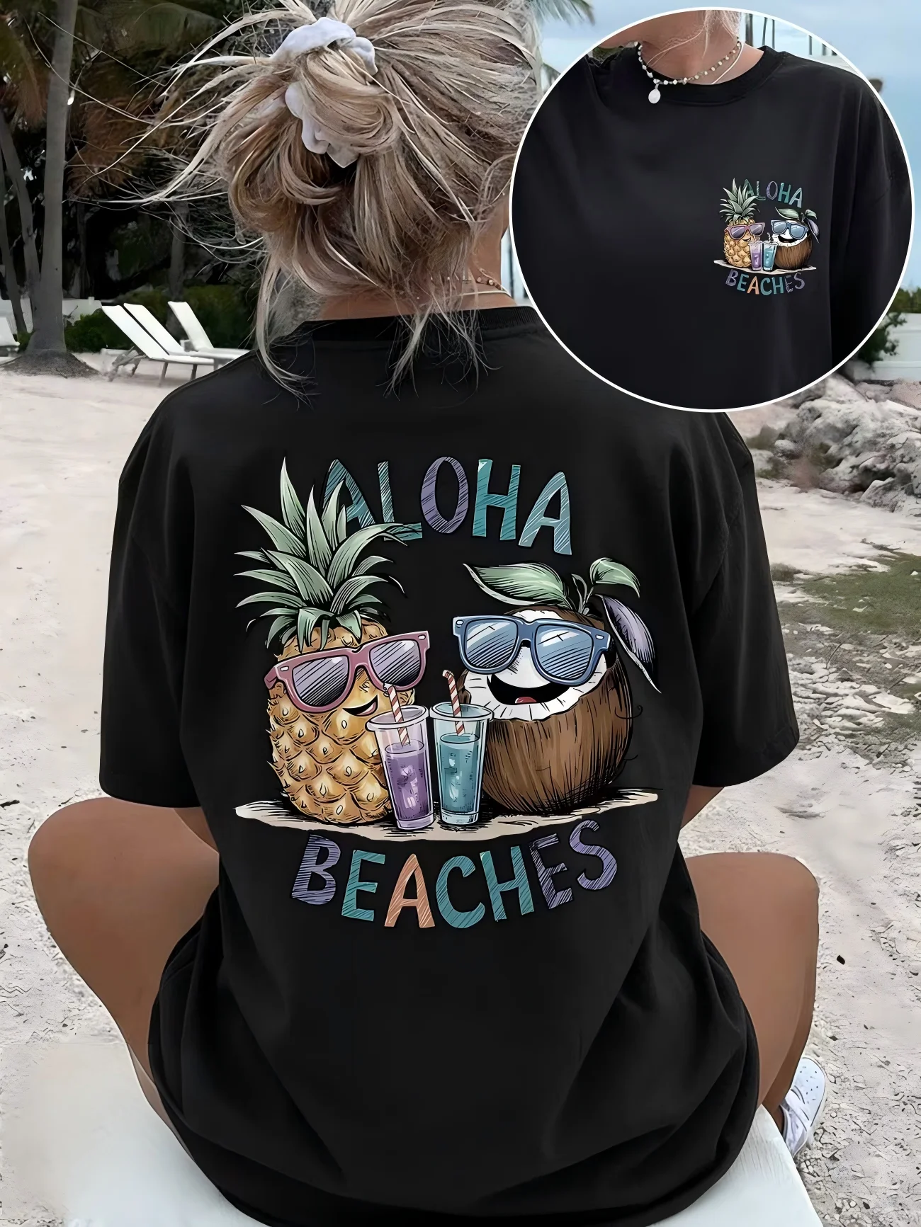 Vintage Aloha Beaches Graphic T-Shirt Women Double Sided Pineapple Coconut Print Tee Harajuku Summer Vacation Aesthetic Top