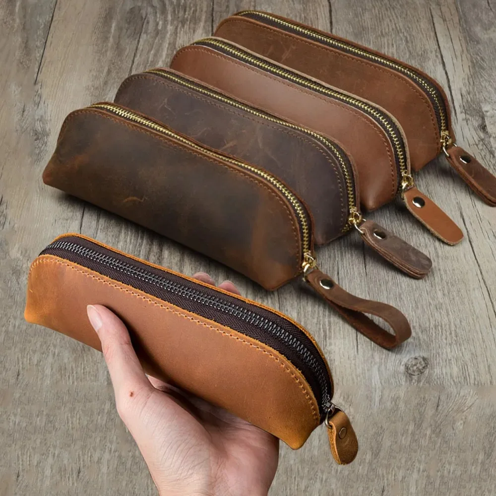 2026 Vintage Leder-Stiftetui Einfacher Schreibwarenhalter Stiftbox Aufbewahrungstasche mit Reißverschluss Brillenetui Schulbedarf