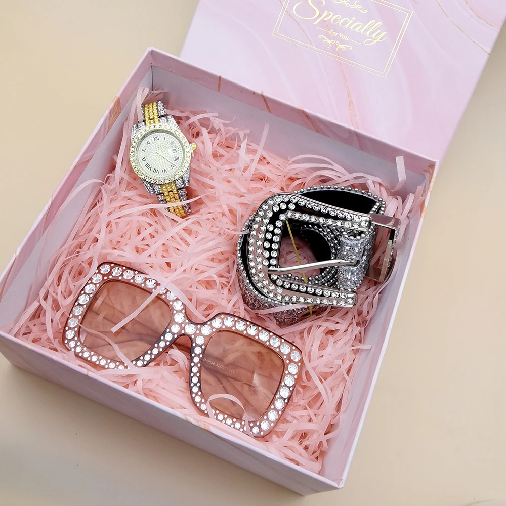 3Pcs Women Diamond Watches Set Ladies Luxury Bracelet Watches Female Clock with Punk Rhinestones Belt and Sunglasses Gift Box