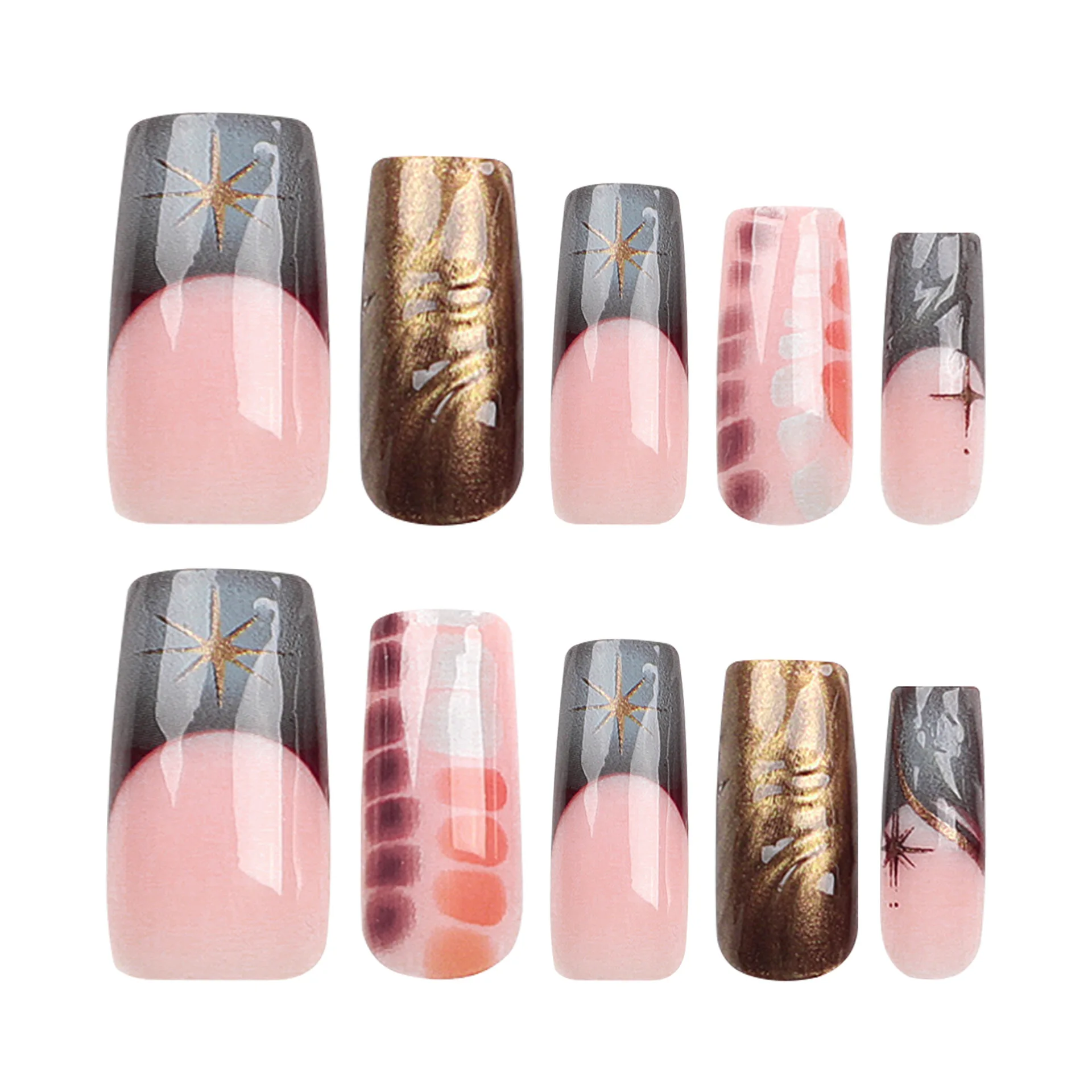 24Pcs Mid Rectangular Pointed Design With Star Shaped Almond Embossed Tie Dye Retro Nail Art, Can Be Worn Repeatedly, Suitable