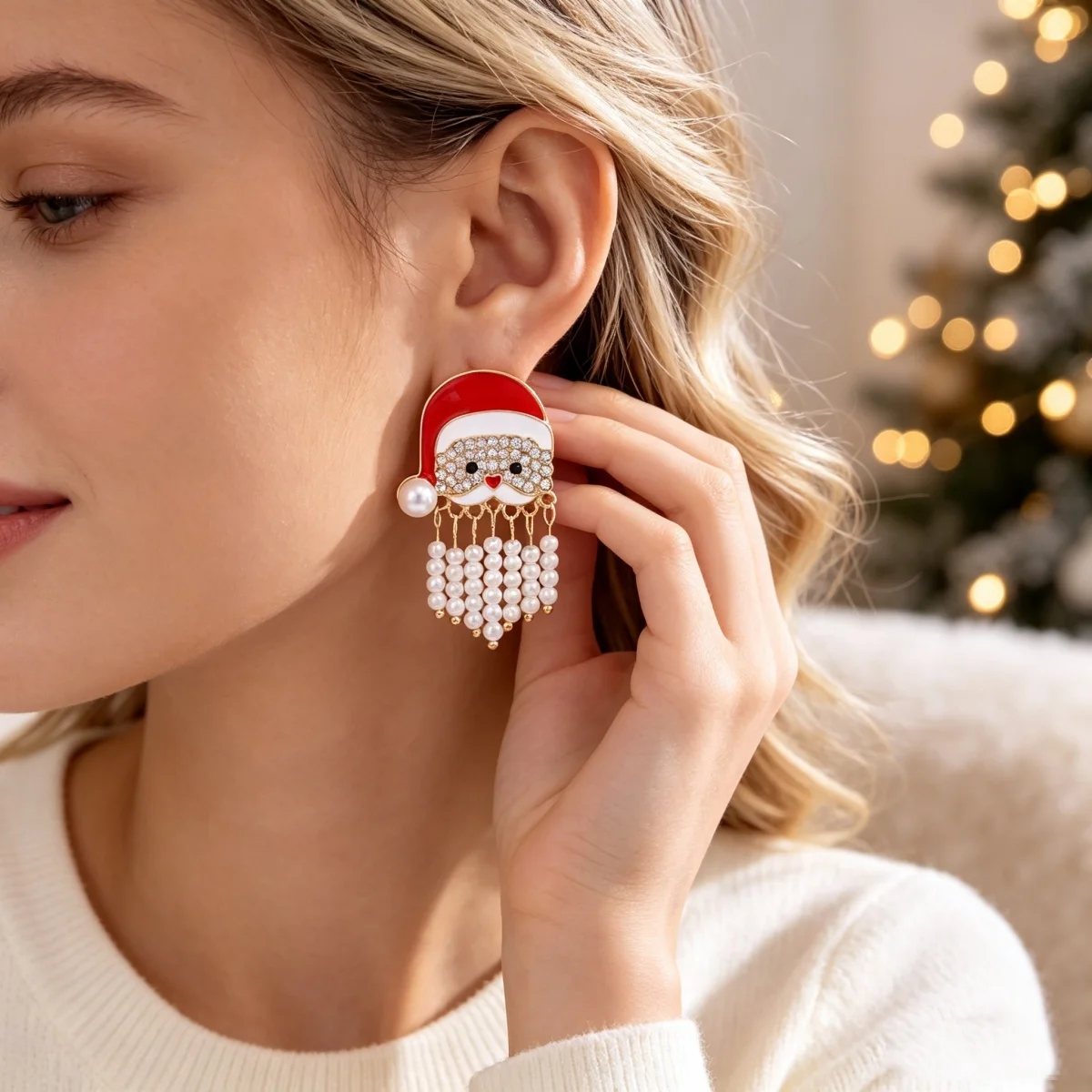 Kreative, niedliche Weihnachtsmann-Ohrstecker mit simuliertem Perlenquastenbart für Frauen, Strass-Weihnachtsmann-Ohrringe, Weihnachtsparty-Schmuck – Detail 9