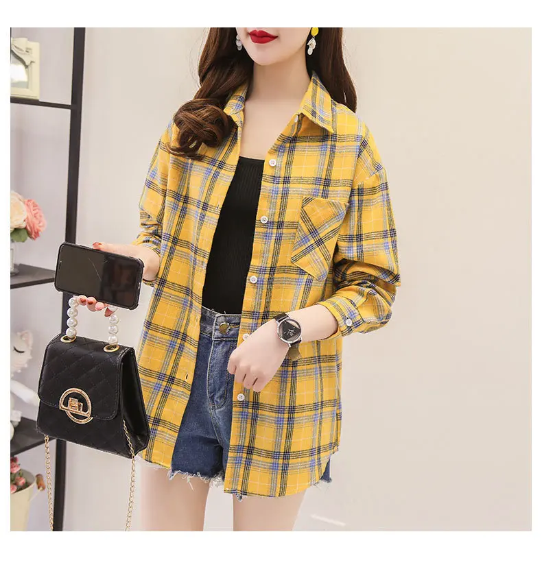 Hot Sale Women's Casual Loose  Pure Cotton Plaid Shirts  2024 Spring Vintage  Fashion Oversized Shirts Elegant Youth Female Tops