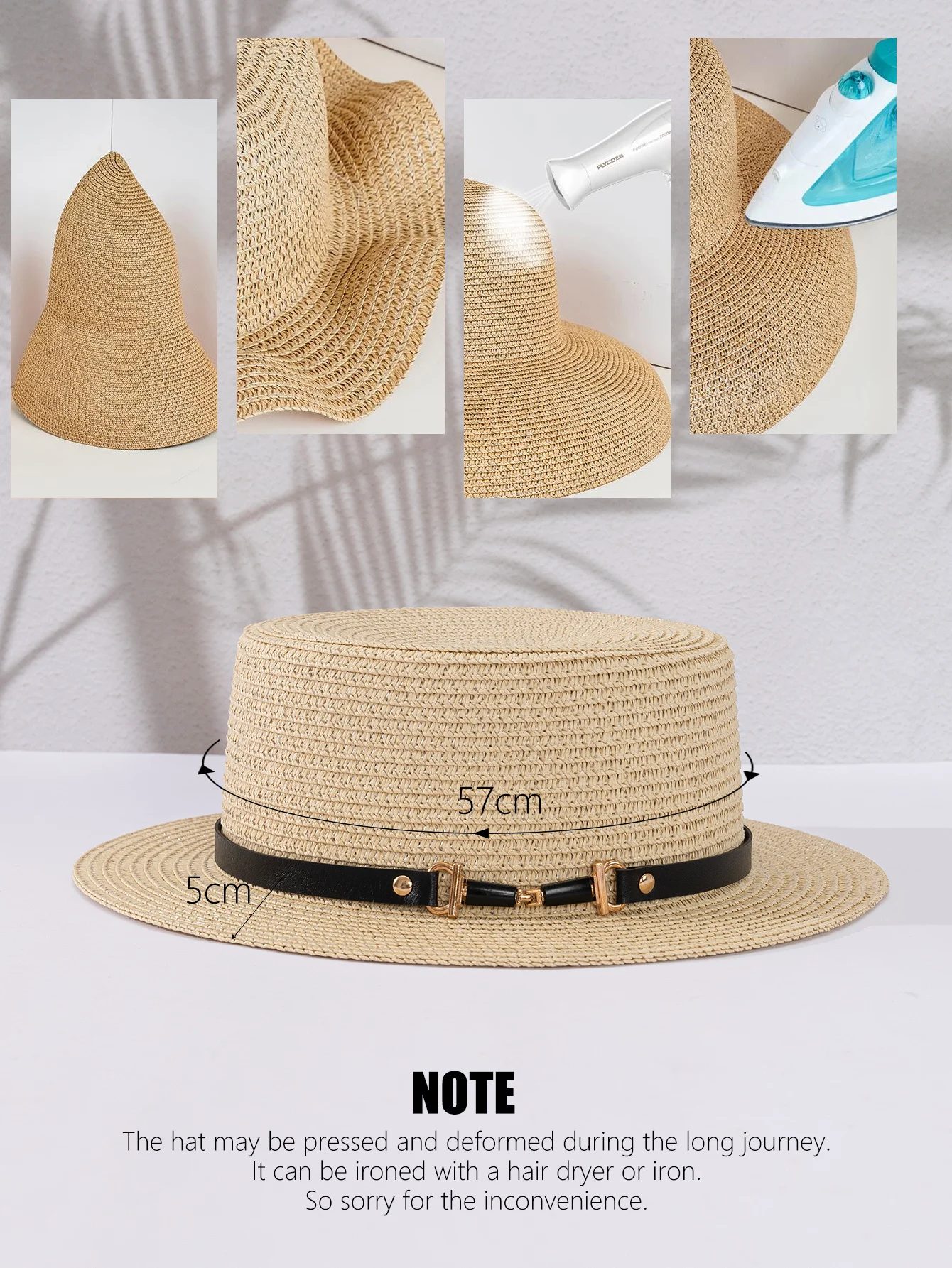 Summer straw hat Women\'s fashionable straw woven sun shading hat Flat top British retro sun protection hat Travel beach sun hat