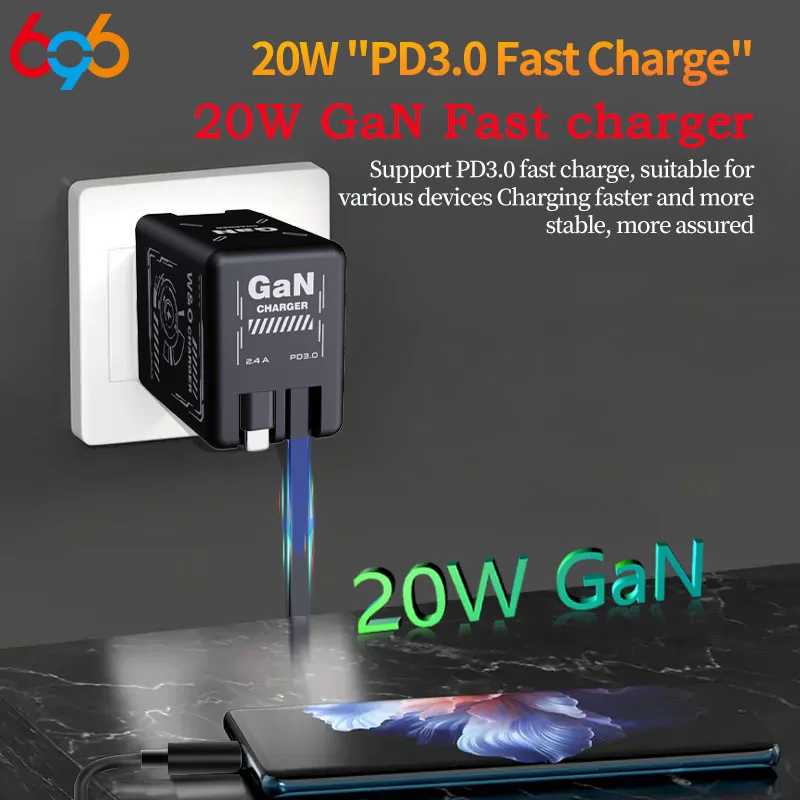 Multi Functional Folding Adapter Charging Protection GaN 20W PD3.0 Fast Charger With Retractable Type-C Cable Portable 90° Fold