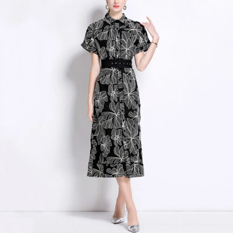 HKSH صيف جديد المرأة الفرنسية مزاجه أنيقة Ins بدوره إلى أسفل طوق مطبوعة الخصر Cinching واحدة الصدر فستان طويل HK6334