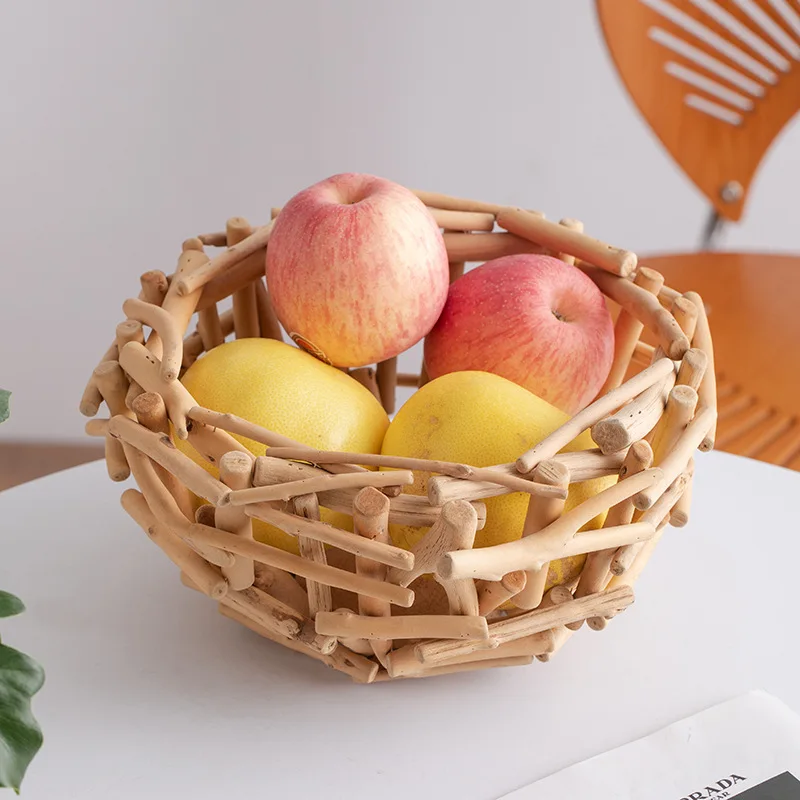 Natural Driftwood Handmade Wooden Fruit Basket, Branch Snack Nut Storage Bowl Rustic Coffee Table Hotel B&B Tabletop Decor Tray