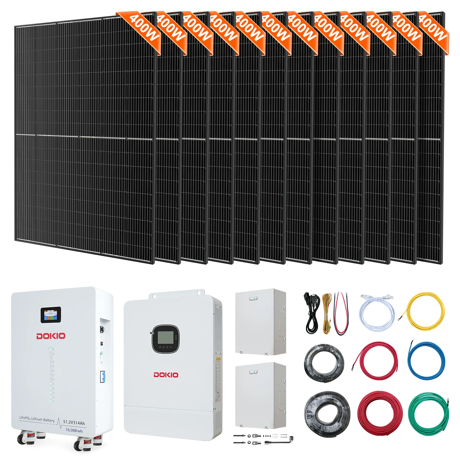 DOKIO Complete Kit Solar Energy Power Storage System Home 12×400W Solar Panels,10KW Split-Phase Hybrid,51.2V 100Ah Lithium Bat