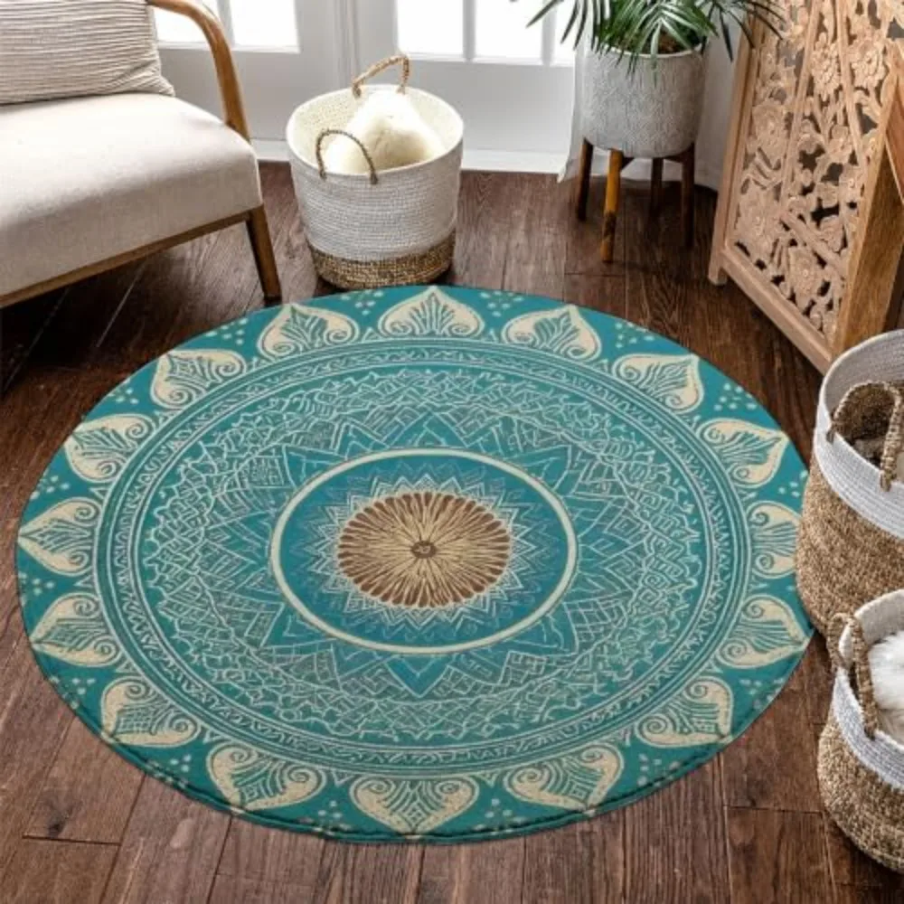 Circle Floor Carpet Multi Pose Mascot Matrix Classical Oriental Medallion Printed Grid Dark Navy Backdrop for House Floor