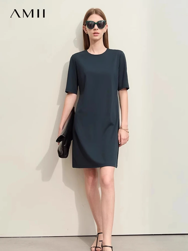 Amii Minimalism 2024 Summer Women Dresses Solid Commuter Short Sleeve Slim Roman Fabric Pullover O-Neck Dress for Women 12412015