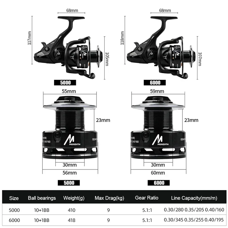 MEREDITH Spinning Reel 10+1BB Max Drag 9KG Carp Front Rear Double Brake Metal Spool Fishing Reel Saltwater Freshwater