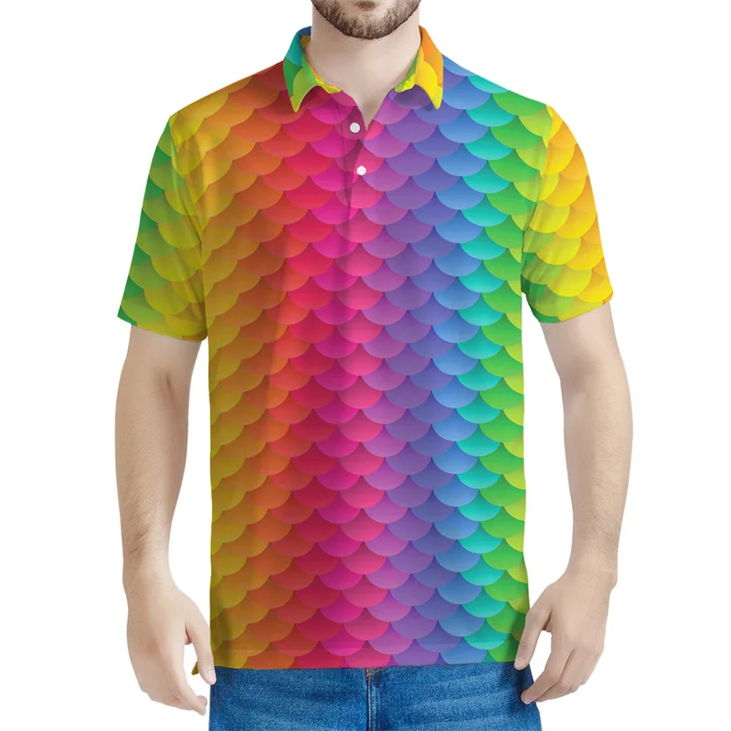 Colorful Fish Scales Pattern Polo Shirt For Men 3D Printed T-Shirts Women Button Short Sleeves Street Lapel Loose Tee Shirts