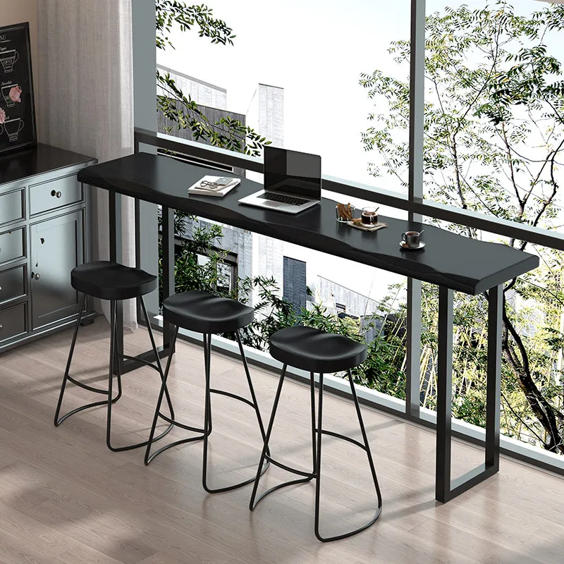 Black Solid Wood Bar Counter, Round Table, Long Desk For Office And Relaxation, High-legged Table Window-side Bar Counter Table