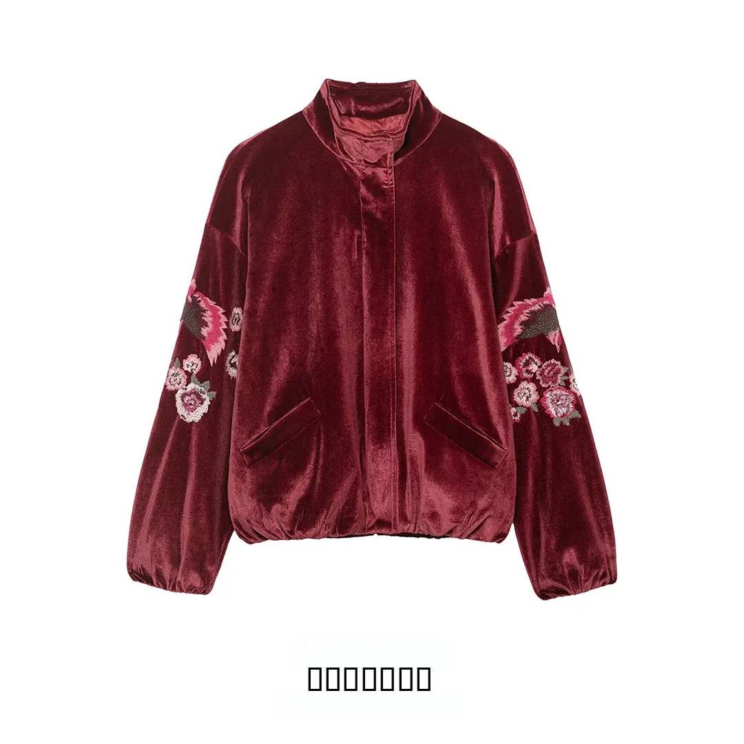 

Faionable Street Sle Pure Color Velvet Embroidered Jaet Simple Ele Women's ort Outerwear Zipped Plant Floral Pattern