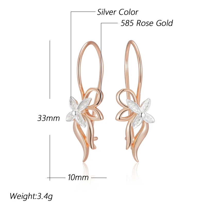 Kinel Hot Luxury Glossy Metal Flower Long Drop Earrings for Women 585 Rose Gold Silver Color Mix Daily Fine Vintage Jewelry