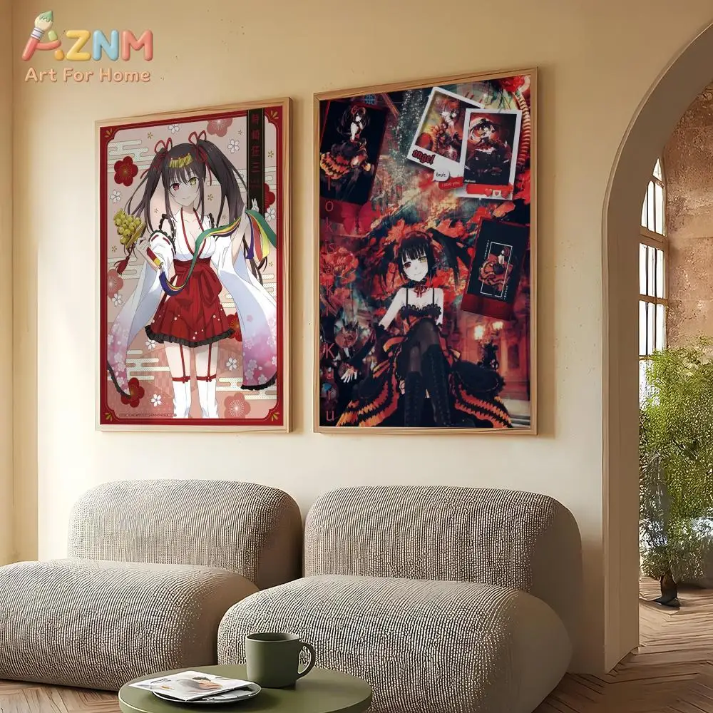 AZNM Date A Live Kurumi Tokisaki Frameless Canvas Wall Art - Japanese Anime Miko Outfit Version Character Poster with Red Floral