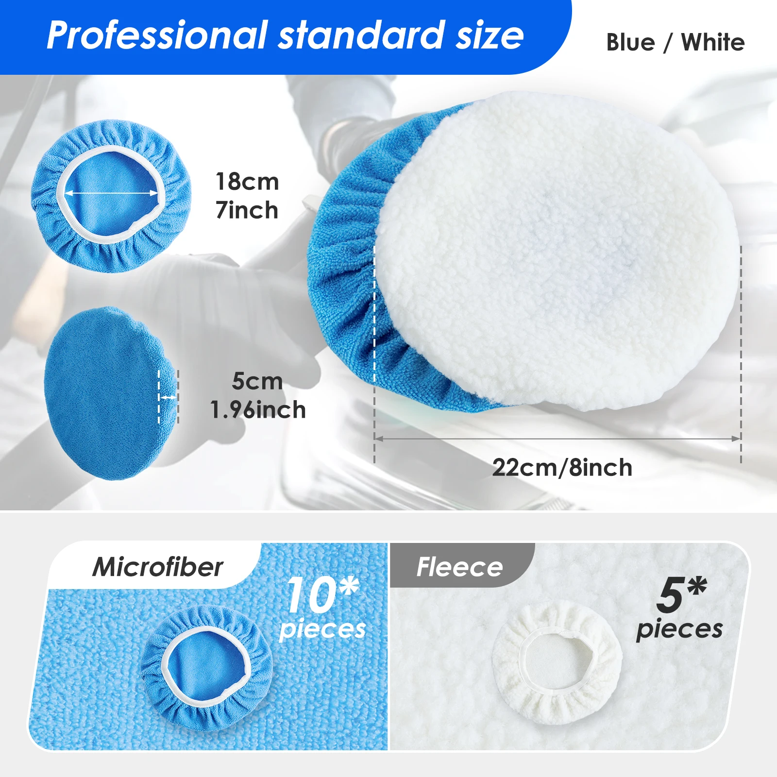 15Pcs Car Polisher Pad Bonnet 7 to 8 Inch/9 to 10 Inch Reusable Car Buffing Pads with Microfiber Wax Pads and Woollen Polishing