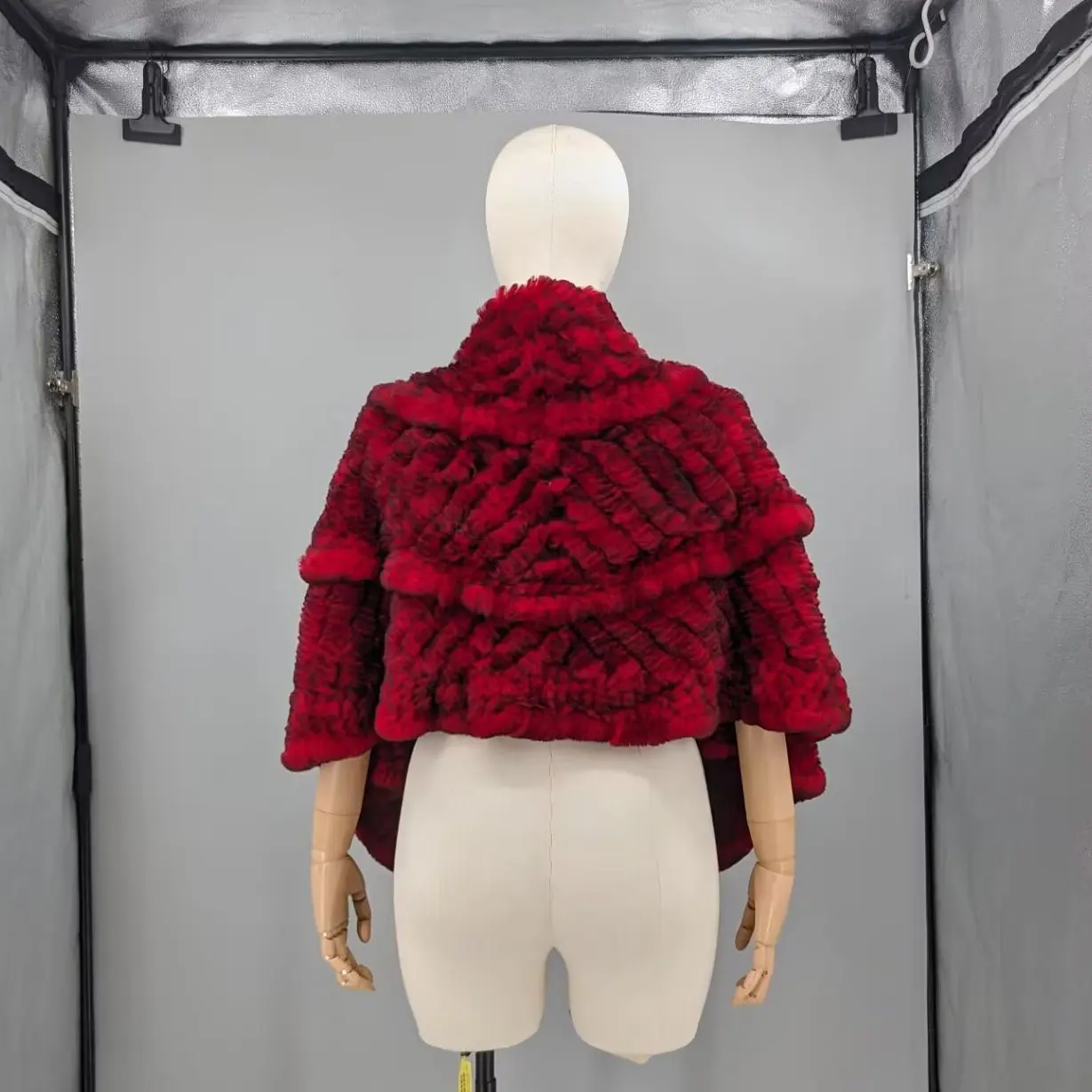 Women Wine Red Real Knitted Rex Rabbit Fur Cape Floral Ruffle Shawl Open Front Short Sleeveless Wrap For Wedding Party Banquet