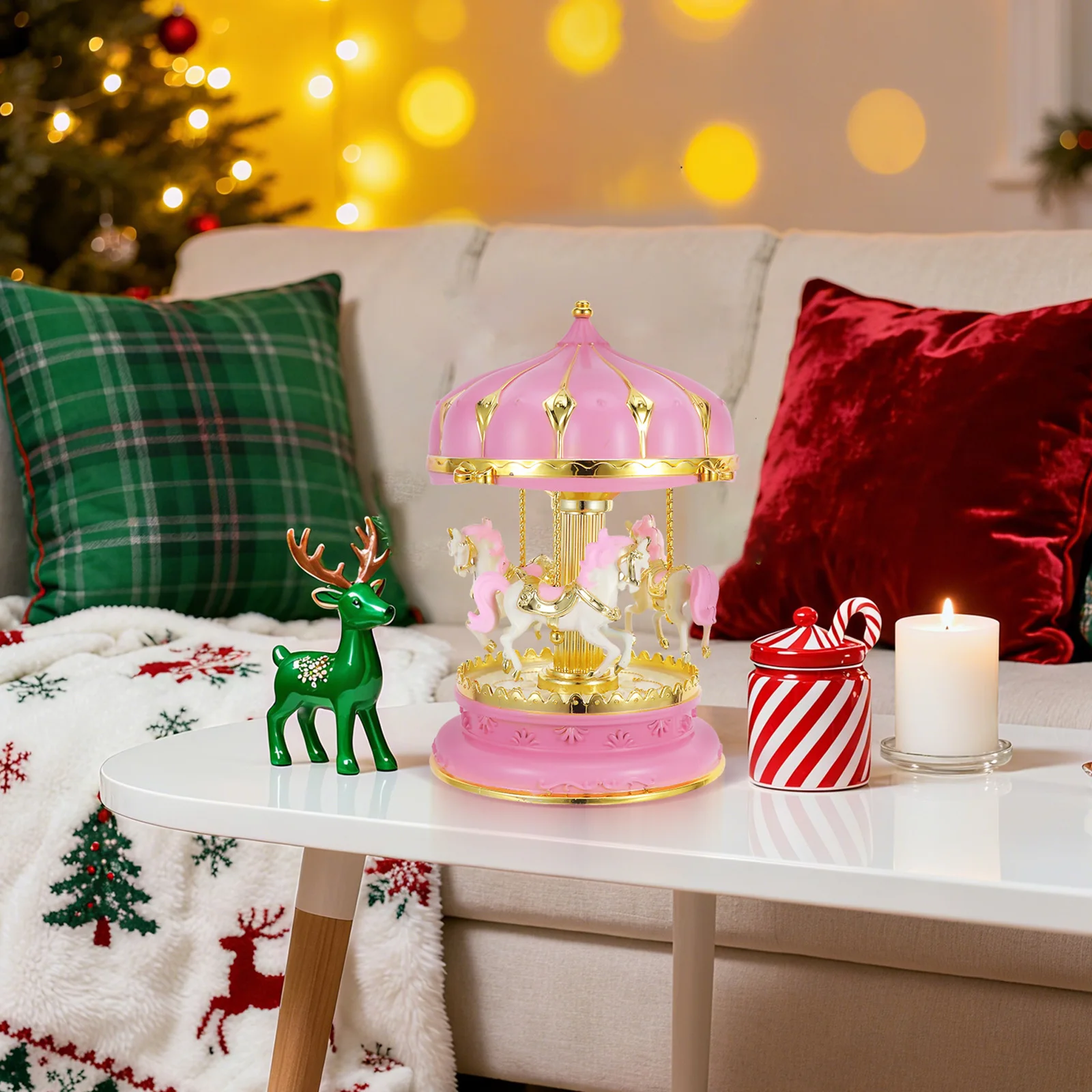 

Glittering Carousel Music Box Pink Rotating Horse Creative Adornment Romantic Valentine Gift Collector Item Rotating Music Box