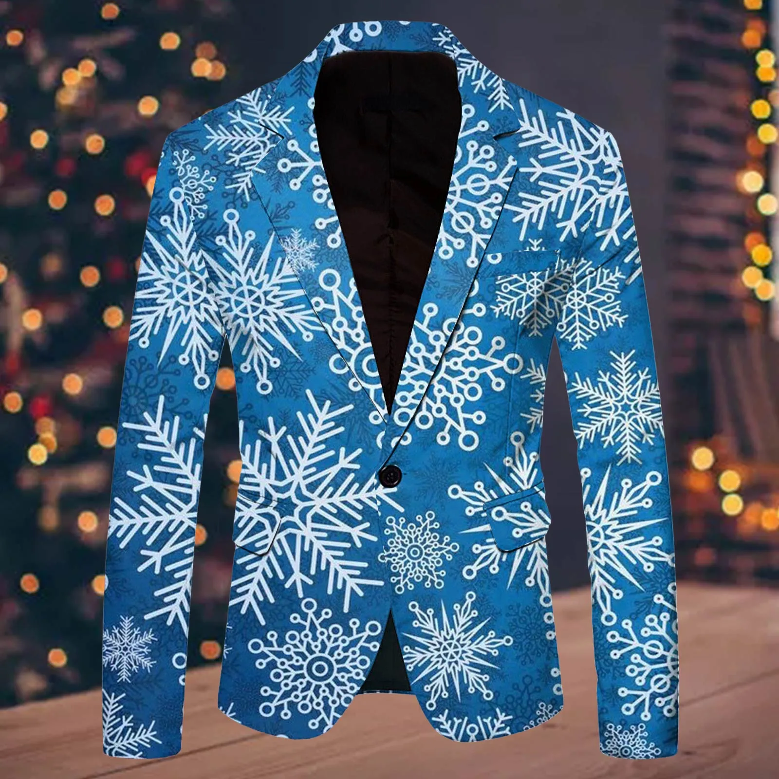 Snowflake Pattern Christmas Blazer Jacket Men Fashion Leisure Christmas Printed Pocket Singel Button Jacket Mens Party Clothing