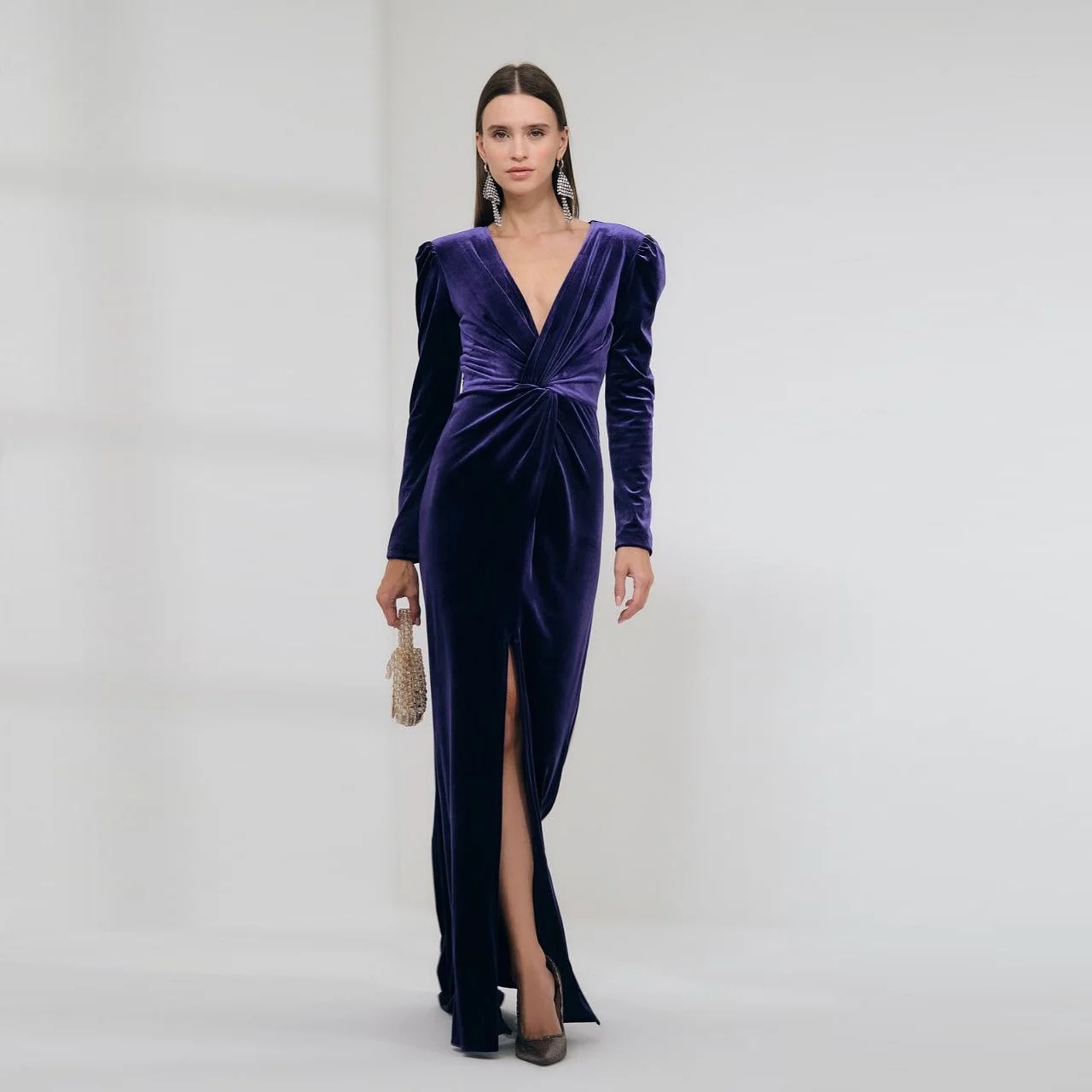 

ROSELLA Sexy Deep V Neck Simple Evening Dresses With Long Sleeves Mermaid Formal Occasions Dress Pleated High Slit Haute Couture