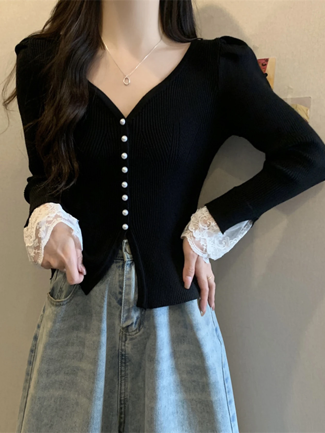 Dames Franse kanten trui V-hals Slim Fit Lange mouw Mode Top Elegant dieptepunt Shirt voor de lente herfst