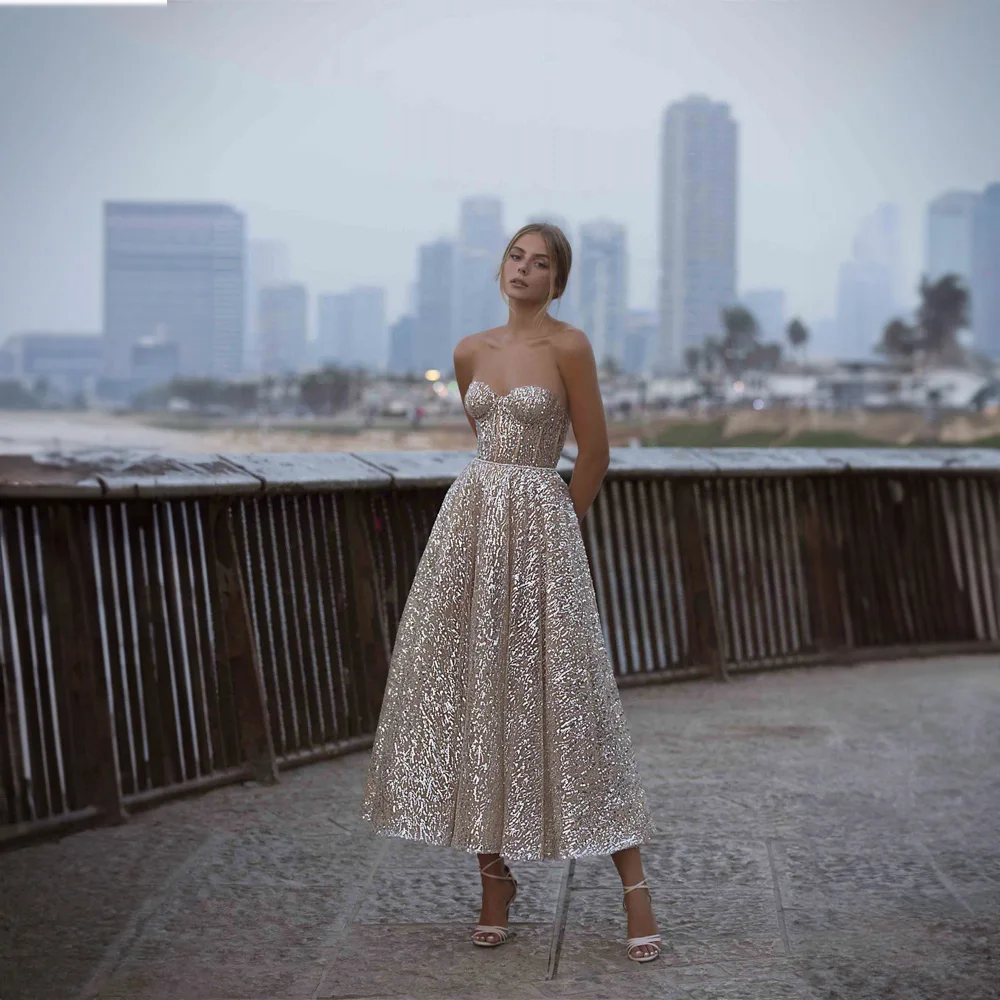 

Off the Shoulder Sequins Sparkly Pleated Prom Dress for Women Sweetheart Collar A-line Tea-Length Prom Evening Gown فساتين سهرة