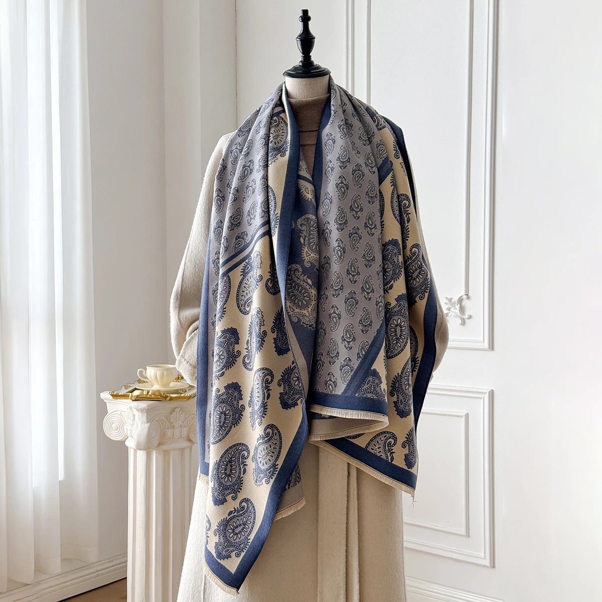 Luxe Merk Warme Fringe Pashmina Sjaal Imitatie Kasjmier Paisley Sjaal Dubbelzijdig Jacquard Winter Koudbestendig Winddicht