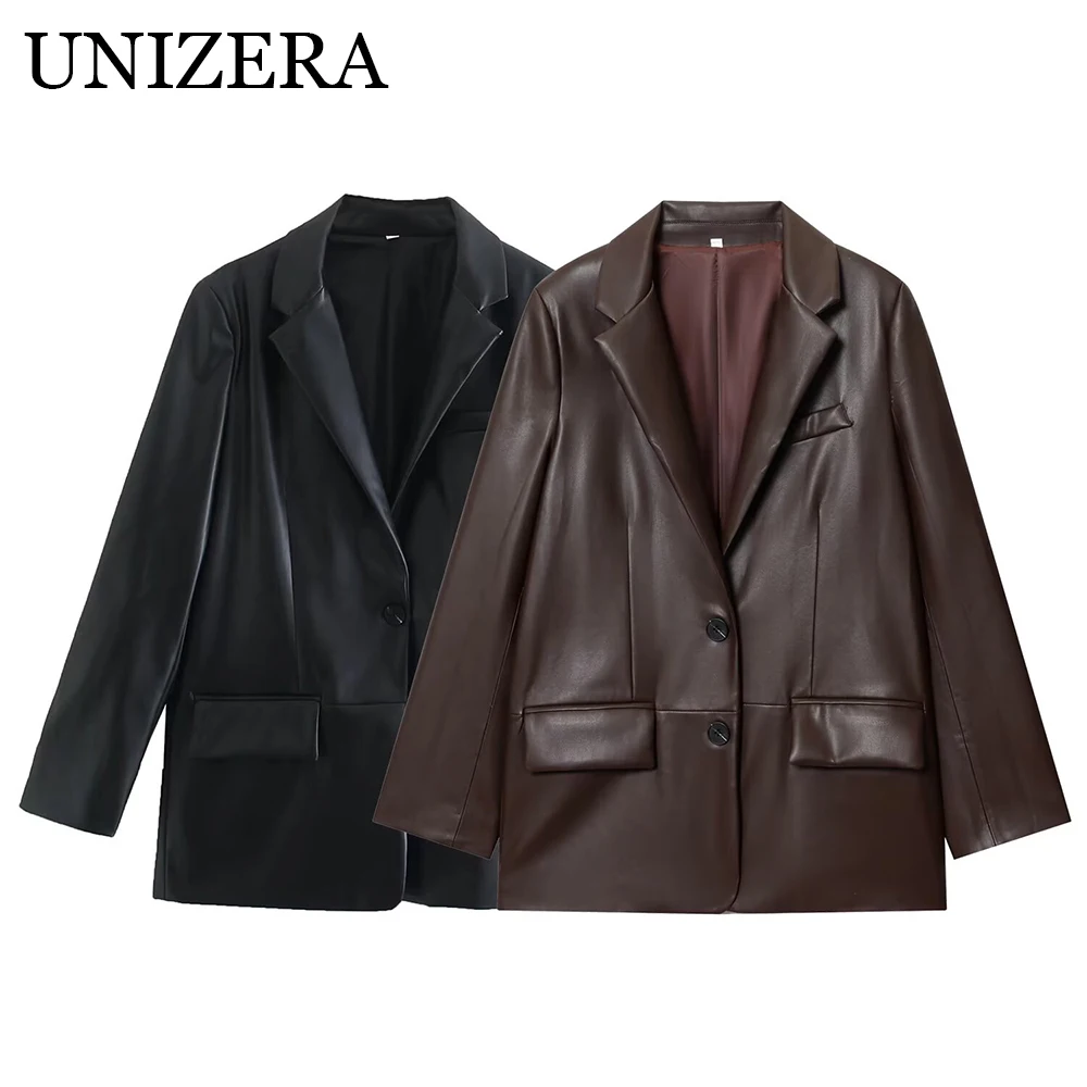 

European and American autumn new women's clothing retro casual temperament simple straight tube imitation leather suit jacket