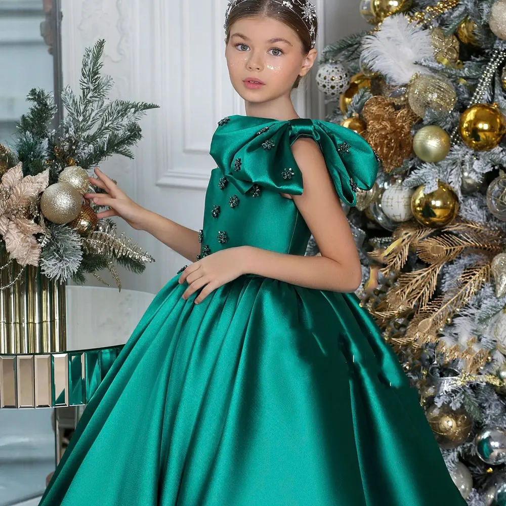 Jill Wish Luxury Arab Green Girl Dress Crystal One Shoulder Satin Dubai Kids Princess Birthday Wedding Party Ball Gown 2025 J368