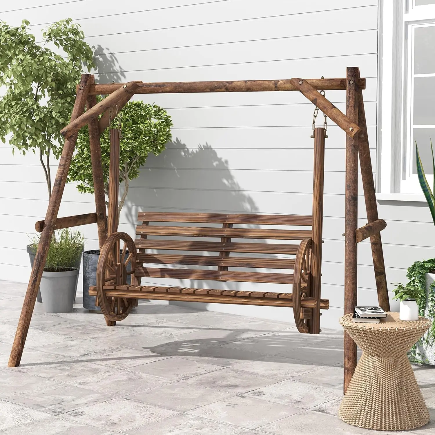 Outsunny 2-Seat Porch Swing With A-Frame Stand, Wooden Log Patio Swing Chair Bench With Wagon Shaped Armrests For Garden,