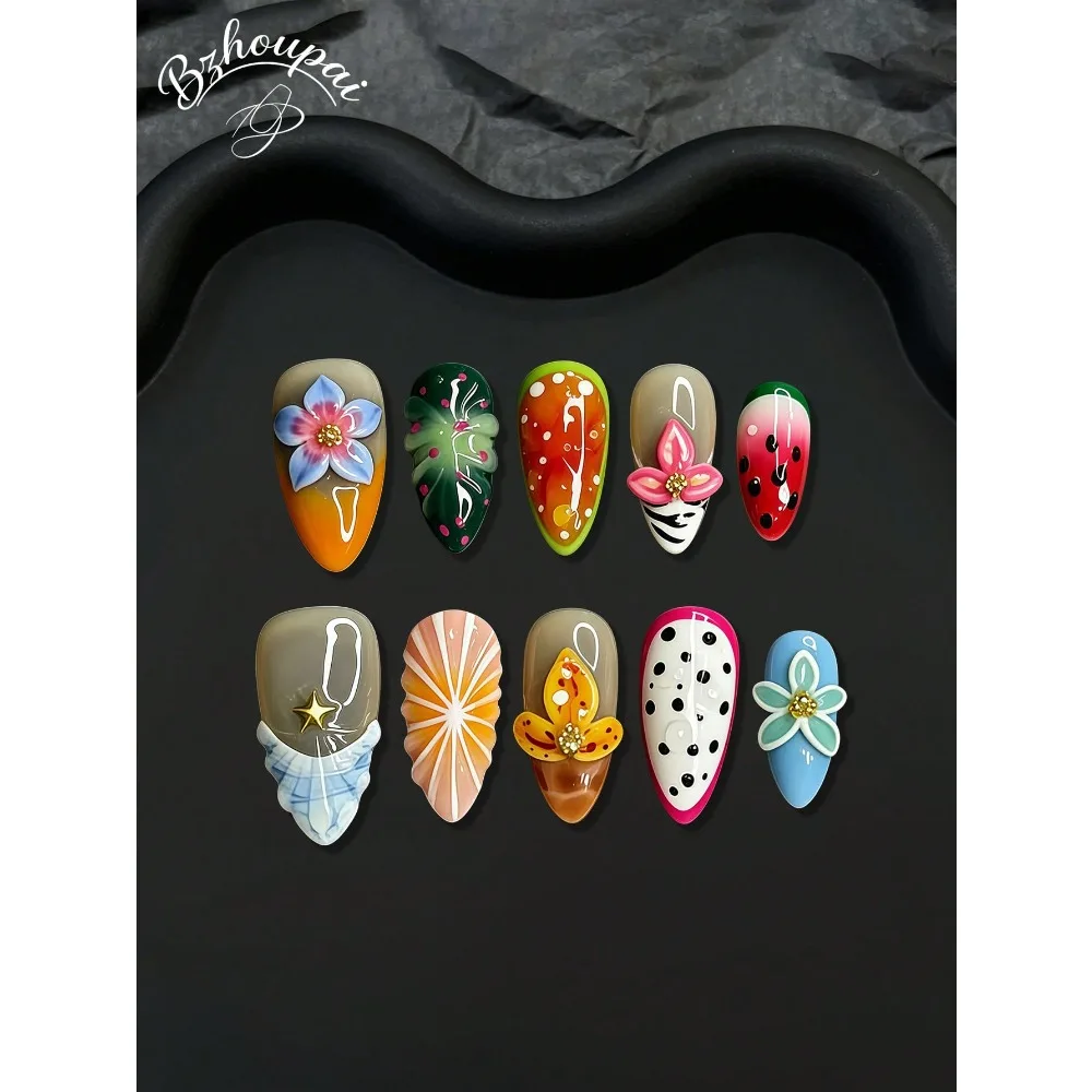

10pcs Elegant Handmade Press On Nails Featuring 3D Carved Floral And Fruit Designs With Delicate Hand Painted Details. Almond-Shaped Nails Perfect For Women Seeking Short Handmade Acrylic Nails With Wearable Artistic Charm.