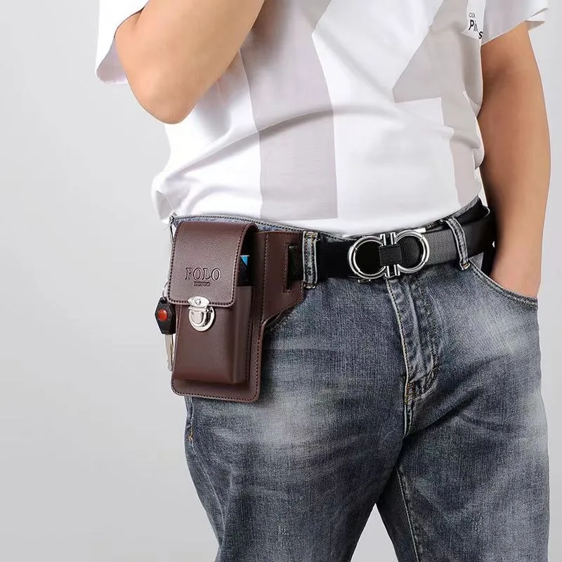 2023 Fashion New Men's Belt Leather Case Vertical Multifunctional Portable Phone Waistpack Card Bag Can Be Keyed Pu Leather