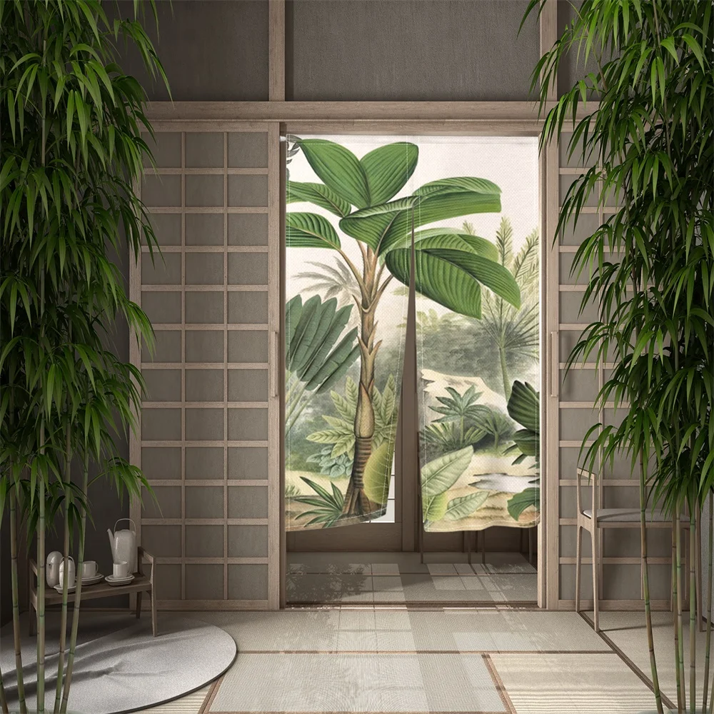 Japanese Curtains for Doorway Noren Botanical Tropical Plants Jungle Leaves Kitchen Short Curtains Room Linen Blackout Partition