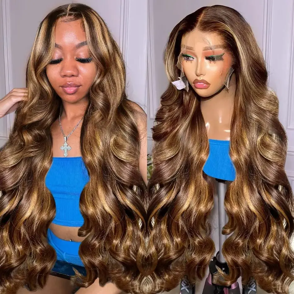 

30 40 дюймов 4/27 Highlight Body Wave 13x4 Человеческие волосы Кружевные фронтальные парики 250 Плотность Цветной Ombre 13x6 HD Парик фронта шнурка для женщин