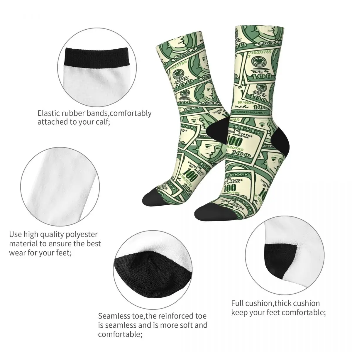 Female 100 Dollar Bill Socks Cotton Funny Happy Socks Hip Hop Product Middle TubeStockings Amazing Gift