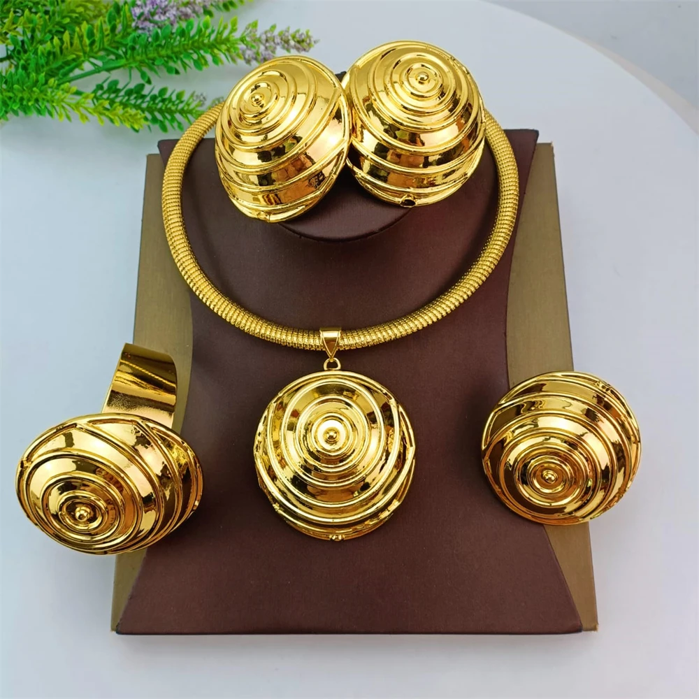 EMMA Gold Color Jewelry Set For Women Dubai African Wedding Bridal Necklace Earrings Adjustable Ring Big Copper Jewelry Set