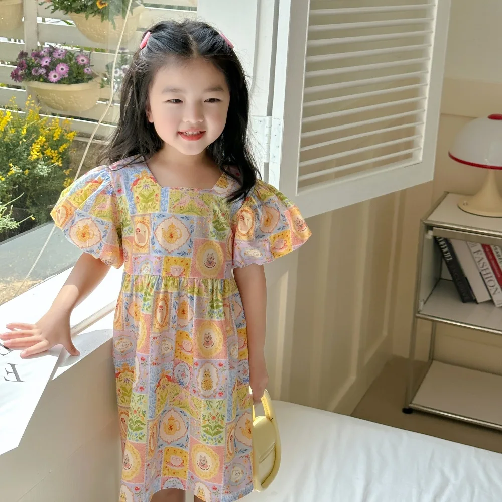 Girls' dress Korean children's Clothes summer children's forest animal print skirt baby square neck bubble sleeve sisters dress