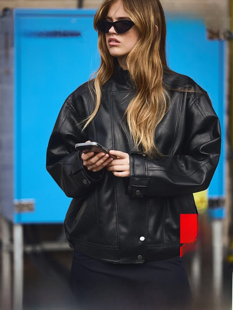 

H&M Winter Women's Loose Fit Motorcycle Jacket 1298601 Long Sleeve Zipper Closure Polyester Fiber Stand Collar Coat