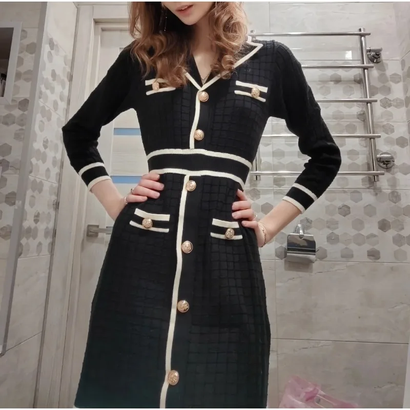 

2024 Autumn Knitted Contrast Color Slim Casual Mini Dress Women Turn Down Collar Single Breasted Long Sleeve Street Commute Robe