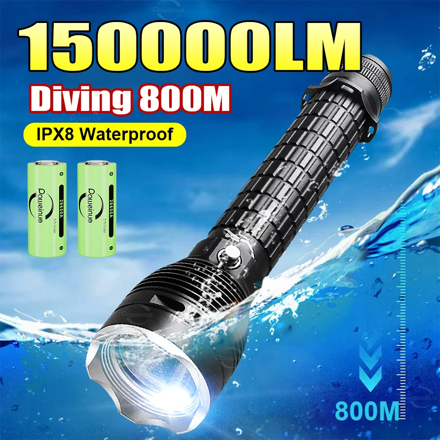 Professional Diving 150000LM High Power LED Flashlight IPX8 Waterproof Underwater Dive Torch 18650 Scuba Diving Lantern Fishing