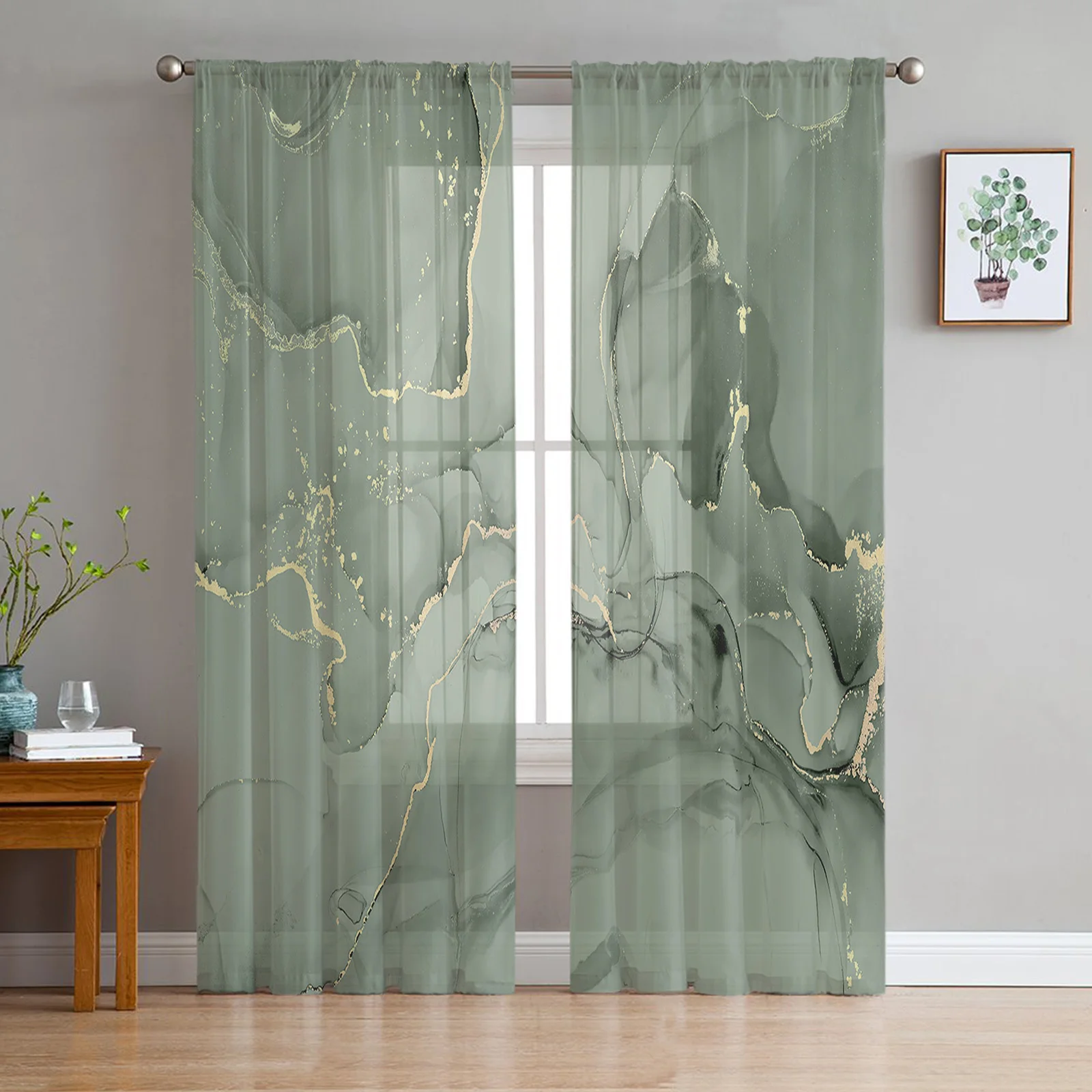 Grass Green Marble Sheer Curtains for Living Room Decoration Window Curtains for Kitchen Tulle Voile Organza Curtains